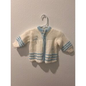 Vintage Tuti Fruiti Baby Cardigan Sweater White Blue Striped Knit Bows